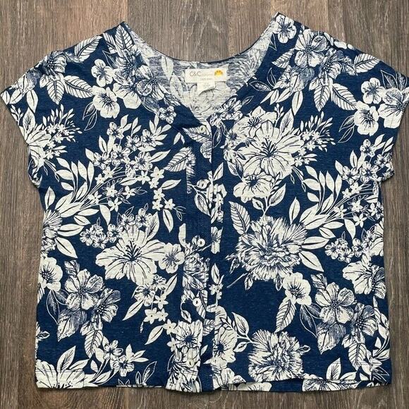 C&C California Women M 100 Linen Button Front Pullover Boho Blouse Tropic Floral - Picture 1 of 7